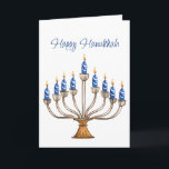 Hanukkah Menorah with Blue, White Burning Candles  Card<br><div class="desc">Watercolor menorah with blue and white burning candles.  Happy Hanukkah greeting and sentiment inside can be changed.   AI assisted graphic purchased with commercial use.  Artwork:  CosmicMeta</div>