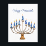 Hanukkah Menorah with Blue, White Burning Candles  Postcard<br><div class="desc">Watercolor menorah with blue and white burning candles.  Happy Hanukkah greeting can be changed.   AI assisted graphic purchased with commercial use.  Artwork:  CosmicMeta</div>