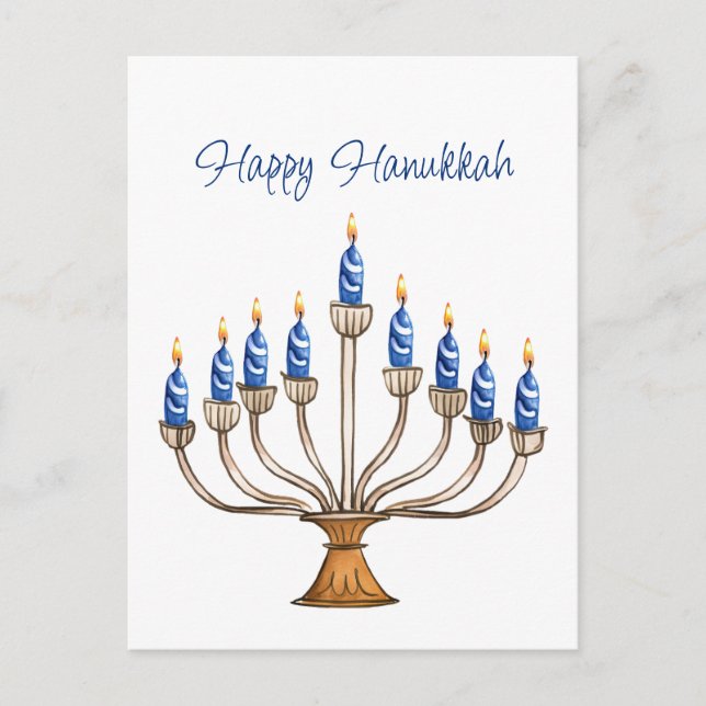 Hanukkah Menorah with Blue, White Burning Candles  Postcard (Front)