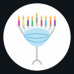 Hanukkah Menorah with face mask Classic Round Sticker<br><div class="desc">Hanukkah Menorah with face mask</div>