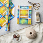 Hanukkah Modern Chic Yellow Blue Menorahs Pattern Wrapping Paper<br><div class="desc">A close-up photo illustration of bright, colourful, blue green and yellow gold artsy menorahs helps you usher in the holiday of Hanukkah in style. Feel the warmth and joy of the holiday season whenever you use this bright, colourful Hanukkah wrapping paper. Matching cards, postage, stickers, pillows, housewares, totebags, and other...</div>