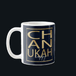 Hanukkah Mug "Chanukah Happy Gold"<br><div class="desc">Classic Mug for Hanukkah. "Chanukah Happy Gold" Chanukah Mug. Gold lettering and Gold rectangle can be resized and moved. Background colour, dark blue, can be changed out. Personalise mug by deleting text, and replacing with your own messages. Choose your favourite font style, colour, and size. Create a simply simple gift...</div>