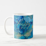 Hanukkah Mug Colourful Golds/Blues Design<br><div class="desc">Colourfully Fun Hanukkah mug. "Colourful, Gold/Blues Design" Chanukah Mug. Personalise by deleting text, "Dear Bubbie, We love you! Dana, Sarah and Daniel" and adding your own message. Use your favourite font style, colour, and size. Design element, "Happy Chanukah" can be moved, resized and deleted. Design element of 3 stars can...</div>