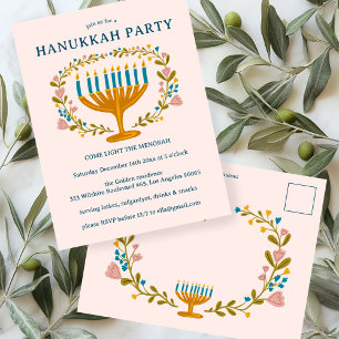 HANUKKAH PARTY Invitation floral wreath CUSTOM Postcard