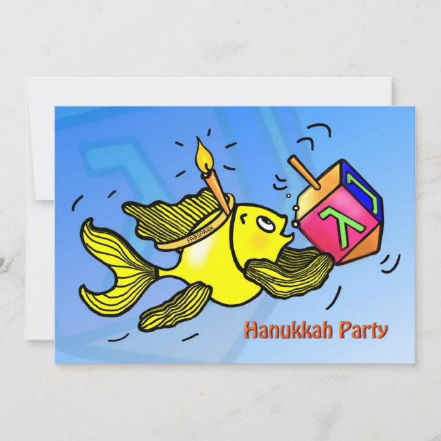 HANUKKAH PARTY INVITATION Funny Cute Fish dreidel (Front)