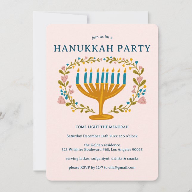 HANUKKAH PARTY Menorah floral wreath CUSTOM Invitation (Front)
