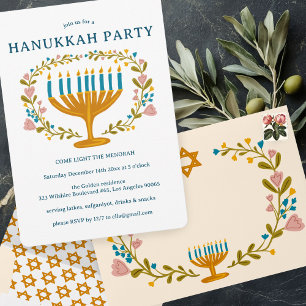 HANUKKAH PARTY Menorah floral wreath CUSTOM Invitation