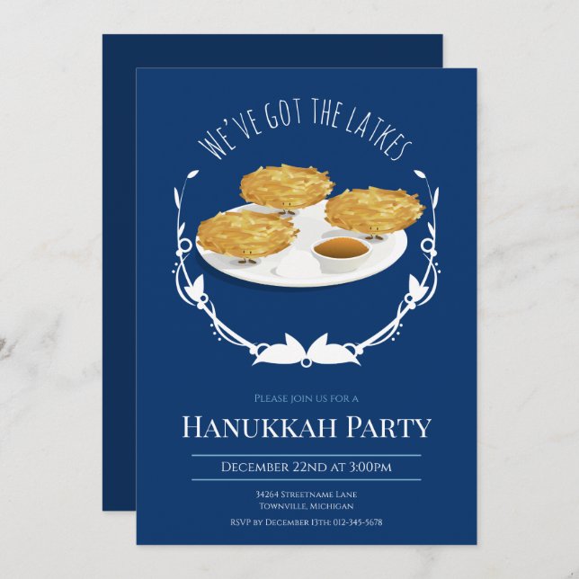 Hanukkah Party Smiling Latkes Blue White Holiday Invitation (Front/Back)