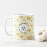 Hanukkah Pattern   Navy Blue Watercolor Monogram Coffee Mug<br><div class="desc">This Festival of Lights / Hanukkah design features a navy blue watercolor monogram in a circle bordered by a wreath with matching navy blue and gold flowers. The background pattern of menorah and Star of David is set on pastel buttercup yellow. The background may be changed to any colour by...</div>