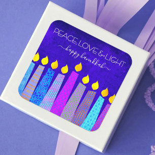 Hanukkah Peace Love Bold Boho Pattern Candles Blue Square Sticker