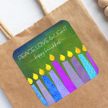Hanukkah Peace Love Light, Blue Boho Candles Green<br><div class="desc">“Peace, love & light.” A playful, modern, artsy illustration of boho pattern candles helps you usher in the holiday of Hanukkah. Assorted blue candles with colourful faux foil patterns overlay a rich, deep green textured background. Feel the warmth and joy of the holiday season whenever you use this stunning, colourful,...</div>