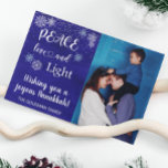 Hanukkah Peace Love Light Photo Snowflake Blue Holiday Card<br><div class="desc">This design may be personalized in the area provided by changing the photo and/or text. Or it can be customized by clicking Personalize this Template and then choosing the click to customize further option and delete or change the color of the background, add text, change the text color or style,...</div>