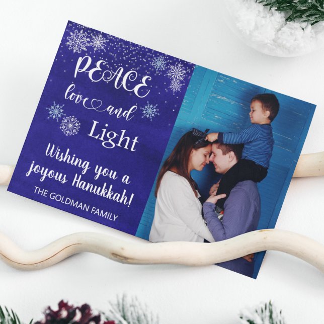 Hanukkah Peace Love Light Photo Snowflake Blue Holiday Card (Creator Uploaded)
