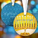 Hanukkah Peace Love Light Yellow Menorah Keepsake Ornament<br><div class="desc">“Peace, love & light.” A close-up digital photo illustration of a bright, colourful, yellow and gold artsy menorah helps you usher in the holiday of Hanukkah in style. On the back, your personalised name and year and a tiny blue Star of David pattern overlays a textured teal blue background. Feel...</div>