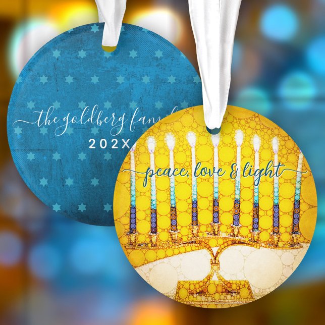 Hanukkah Peace Love Light Yellow Menorah Keepsake Ornament (Creator Uploaded)