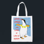 Hanukkah Penguin Grocery Bag<br><div class="desc">Hanukkah Penguin, white 2-sided bag. All design elements can be edited. All editable text can be deleted and replaced with your own message. Use your favourite font colour, size, and style. Happy Hanukkah/Chanukah! Style: Reusable Bag Go green and save the planet with our reusable grocery bag! Made with a lightweight...</div>