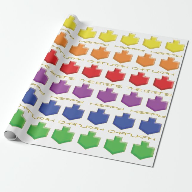 Hanukkah Personalise Giftwrap "Dreidel 3D Colours" Wrapping Paper (Unrolled)