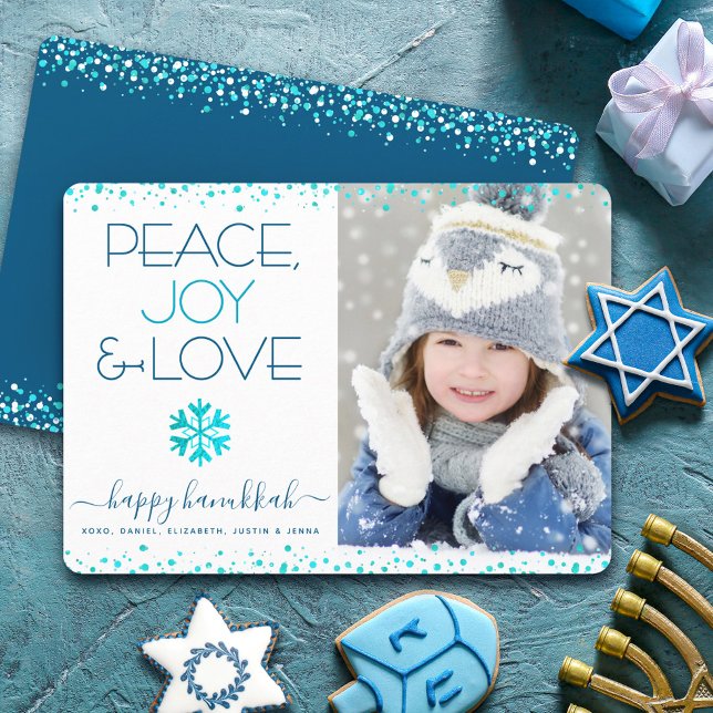 Hanukkah Photo Peace Joy Love Snowflake Modern Holiday Card (Creator Uploaded)