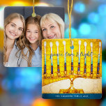 Hanukkah Photo Peace Love Light Yellow Menorah Ceramic Ornament<br><div class="desc">“Peace, love & light.” A close-up digital photo illustration of a bright, colourful, yellow and gold artsy menorah, and handwritten calligraphy script, along with your personalised name, helps you usher in the holiday of Hanukkah in style. On the back, your personalised photo. Feel the warmth and joy of the holiday...</div>