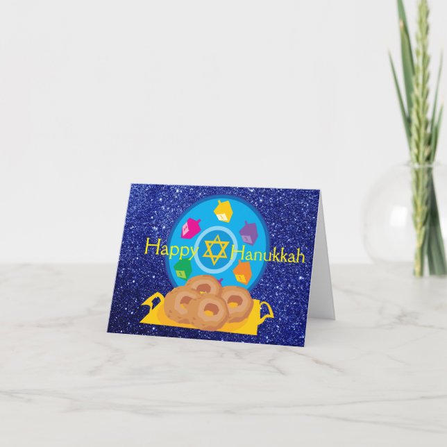 Hanukkah Plate with Dreidels Blue Faux Glitter Holiday Card (Front)