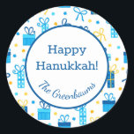 Hanukkah Presents Classic Round Sticker<br><div class="desc">These fabulous gift tags would look great on all your Hanukkah gifts.  They are so festive with their Hanukkah presents and Stars of David in blue and yellow.  Trendy yet traditional.  And,  they are customisable with your family name.</div>