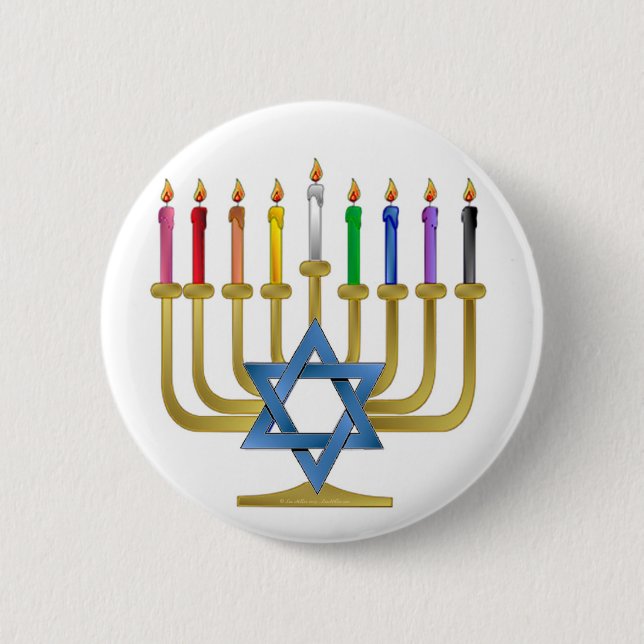 Hanukkah Rainbow Candles Gold Menorah 6 Cm Round Badge (Front)
