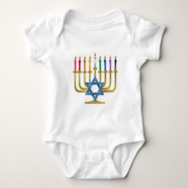 Hanukkah Rainbow Candles Gold Menorah Baby Bodysuit (Front)