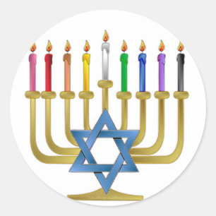 Hanukkah Rainbow Candles Gold Menorah Classic Round Sticker