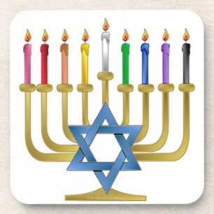 Hanukkah Rainbow Candles Gold Menorah Coaster
