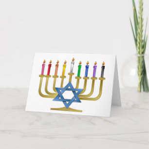 Hanukkah Rainbow Candles Gold Menorah Holiday Card