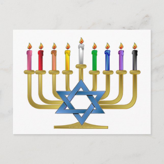 Hanukkah Rainbow Candles Gold Menorah Holiday Postcard (Front)