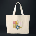 Hanukkah Rainbow Candles Gold Menorah Large Tote Bag<br><div class="desc">You are viewing The Lee Hiller Designs Collection of Home and Office Decor,  Apparel,  Gifts and Collectibles. The Designs include Lee Hiller Photography and Mixed Media Digital Art Collection. You can view her Nature photography at http://HikeOurPlanet.com/ and follow her hiking blog within Hot Springs National Park.</div>