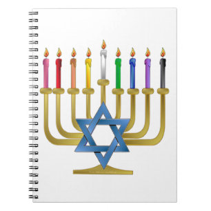 Hanukkah Rainbow Candles Gold Menorah Notebook