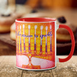 Hanukkah Red Orange Menorah It's Season to Sparkle Mug<br><div class="desc">“It’s the season to sparkle.” A close-up photo illustration of a bright, colourful, red orange and yellow gold artsy menorah helps you usher in the holiday of Hanukkah in style. Feel the warmth and joy of the holiday season whenever you drink out of this stunning, colourful Hanukkah coffee mug. Makes...</div>