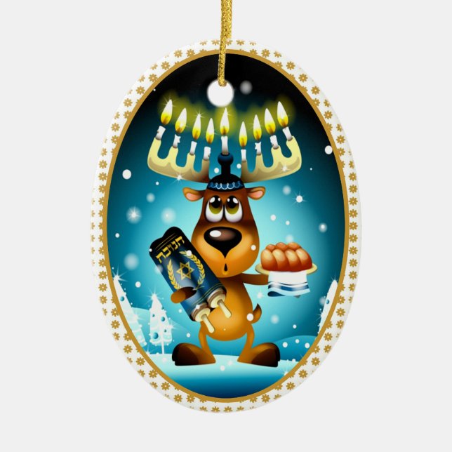 Hanukkah Reindeer Celebrates Chrismukkah Ceramic Tree Decoration (Front)