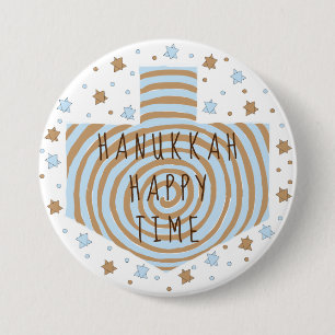 Hanukkah Round Button, Blue/Tan Dreidel Stars 7.5 Cm Round Badge