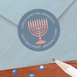 Hanukkah Rustic Menorah Address Or Party Favour Classic Round Sticker<br><div class="desc">So easy to personalise, these Hanukkah round stickers can be used so many ways for your Festival of Lights celebrations. The background of these Chanukah stickers is a rich traditional blue with a rustic faux woodgrain texture menorah in the centre. Two sets of arched text in light blue can be...</div>