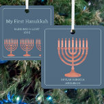 Hanukkah Rustic Menorah Chic Modern Add A Name Metal Tree Decoration<br><div class="desc">These unique Hanukkah ornaments in soft dark blue make lovely keepsakes. Personalise three separate text templates for a one of a kind custom ornament for your Festival of Lights celebrations. The front of the square holiday ornament features a single faux redwood menorah for a rustic touch, a thin light blue...</div>