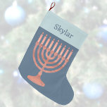 Hanukkah Rustic Menorah Cute Kids Chrismukkah Large Christmas Stocking<br><div class="desc">For kids in blended families, these personalised Hanukkah "Christmas" stockings bring the faiths together. Designed with a rich dark blue background and a printed pale light blue "cuff" design these holiday stockings feature a faux wood menorah and the chid's (or adults!) name printed in dark blue at the top. Create...</div>