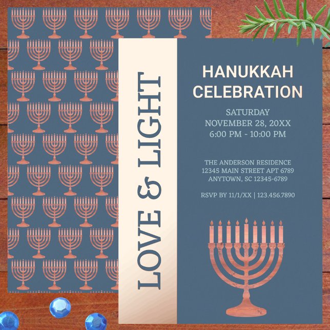 Hanukkah Rustic Menorah Festival Lights Elegant (Each real foil custom Hanukkah event invitation reverses to a pattern of tiny rustic menorahs)