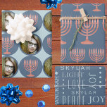 Hanukkah Rustic Menorah Festive Holiday Photo Wrapping Paper Sheet<br><div class="desc">Personalise this custom Hanukkah gift wrap with your photo and a child's name for one of a kind wrapping paper for your Festival Of Lights celebration. The three sheet assortment begins with Sheet 1 and your favourite photo framed in blue with alternating dark blue circles with a faux wood menorah...</div>
