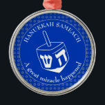 HANUKKAH SAMEACH | Chanukah | Dreidel Metal Tree Decoration<br><div class="desc">Stylish HANUKKAH SAMEACH Ornament with faux silver Star of David in a tiled pattern and a large white dreidel at the centre. The background colour is Cobalt Blue. The text reads HANUKKAH SAMEACH at the top and A GREAT MIRACLE HAPPENED at the bottom. Both are CUSTOMIZABLE if you wish to...</div>