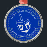 HANUKKAH SAMEACH | Chanukah | Dreidel Metal Tree Decoration<br><div class="desc">Stylish HANUKKAH SAMEACH Ornament with faux silver Star of David in a tiled pattern and a large white dreidel at the centre. The background colour is Cobalt Blue. The text reads HANUKKAH SAMEACH at the top and A GREAT MIRACLE HAPPENED at the bottom. Both are CUSTOMIZABLE if you wish to...</div>
