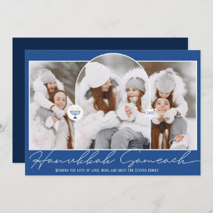 Hanukkah Sameach cool blue script menorah 3 photos Holiday Card