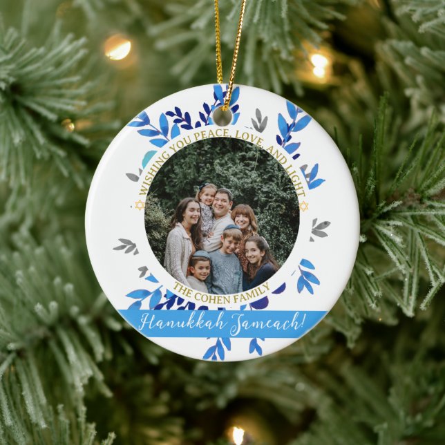 Hanukkah Sameach | Simple Hanukkah family photo Ceramic Tree Decoration (Tree)