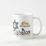 Hanukkah Shalom mug<br><div class="desc">Chanukkah Shalom mug illustration with 3D text and blue and gold Star of David sign of Jewish faith,  Shalom.</div>