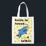 Hanukkah Shark Reusable Grocery Bag<br><div class="desc">Hanukkah Latke Shark Reusable Grocery Bag All design elements can be edited and/or transferred to other Zazzle products. Text can be edited. Use your favourite font style, colour, and size. Happy Chanukah! Style: Reusable Bag Go green and save the planet with our reusable grocery bag! Made with a lightweight polyester...</div>