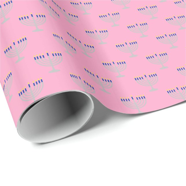 Hanukkah Silver Menorah on Carnation Pink Wrapping Paper (Roll Corner)