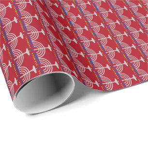 Hanukkah Silver Menorah on Dark Red Wrapping Paper
