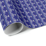 Hanukkah Silver Menorah on Navy Blue Wrapping Paper<br><div class="desc">Wrapping paper with silver menorah with blue candles and yellow candle flame pattern on a navy blue background. Customisable. Perfect for the Jewish holiday of Hanukkah (Chanukah).</div>